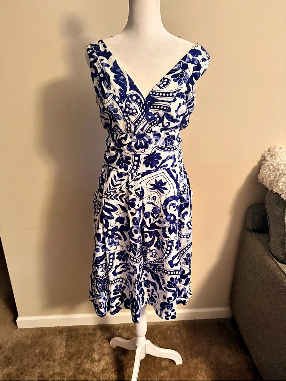 Lauren Ralph Lauren Paisley Midi Dress in Blue & White Size 14 costal